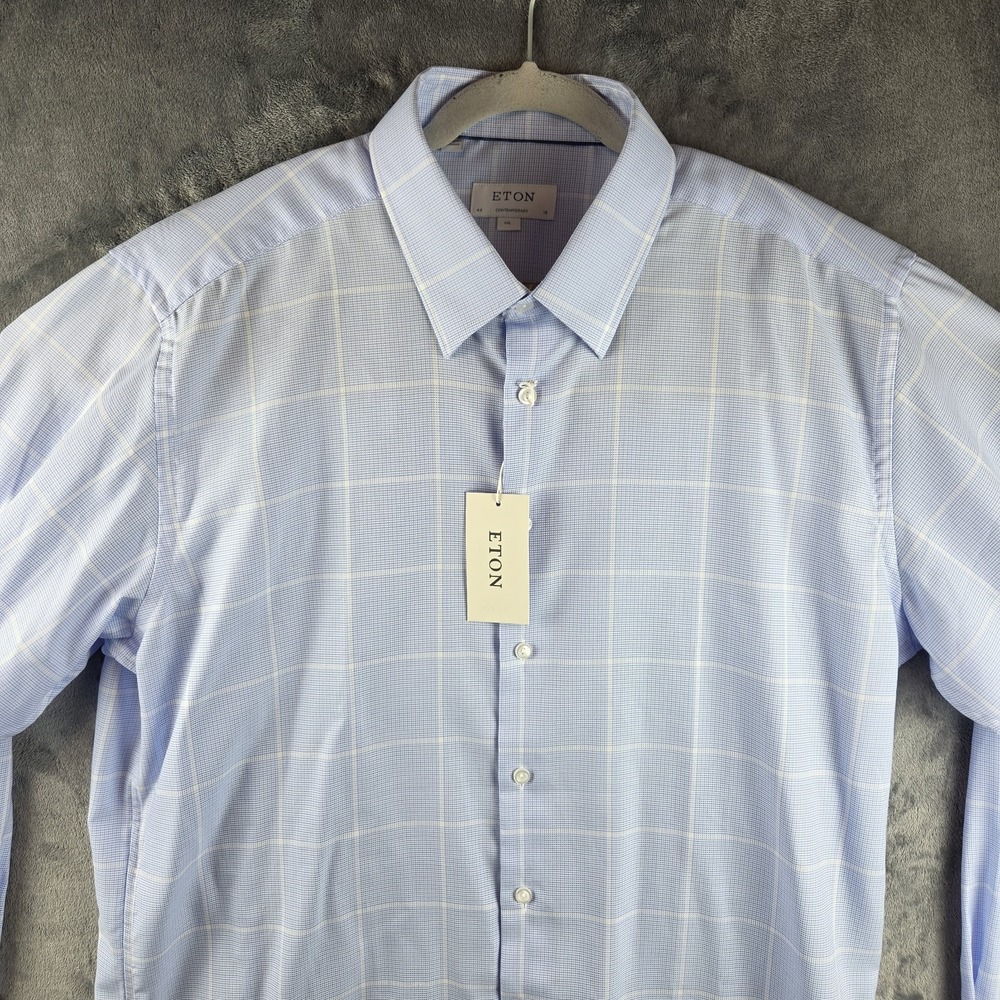 Eton Contemporary Fit Windowpane Check Button Dress Blue Shirt Mens 2XL (46-18)